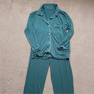 Eberjey Giselle Long Sleeve and Pant Green Teal Button-Up Pajama Set